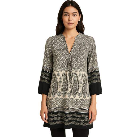 Angie Tops - Angie Black & White Paisley Boho Tunic Top Mini Dress Size L Peasant Style